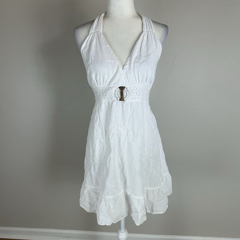 Peruvian Cotton Halter Dress White XL Tiered Embroidery Coastal Vacation Crochet